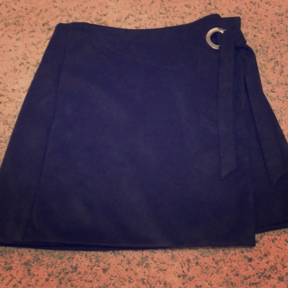 Blue “Suede” Faux-Wrap Mini Skirt